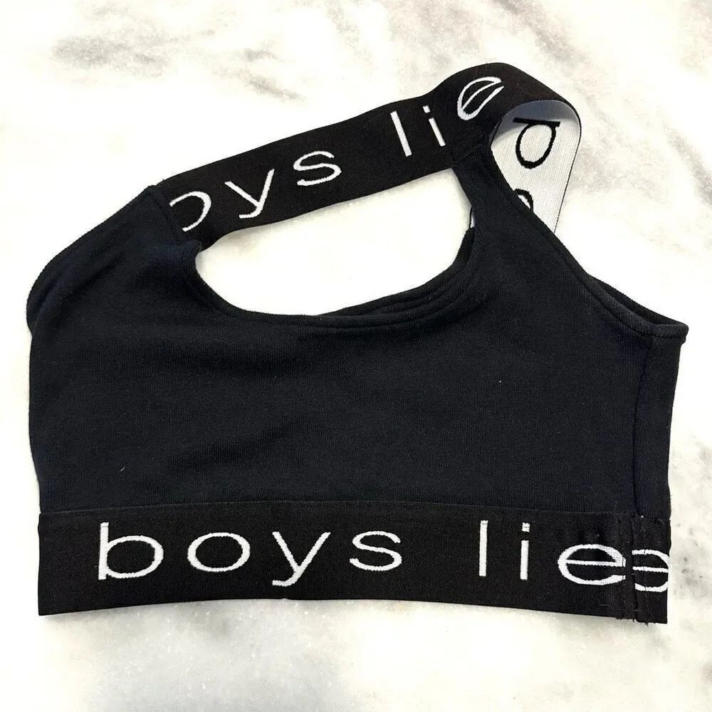 Boys Lie One Shoulder Logo Cutout Ribbed Jersey Tank Bralette Top Black 2XL/3XL